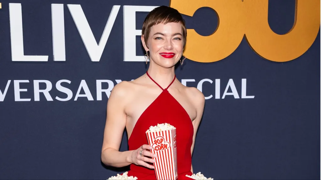 SNL 50th Anniversary: Emma Stone's Head-Turning Popcorn Dress SNL 50th Anniversary: Emma Stone's Head-Turning Popcorn Dress